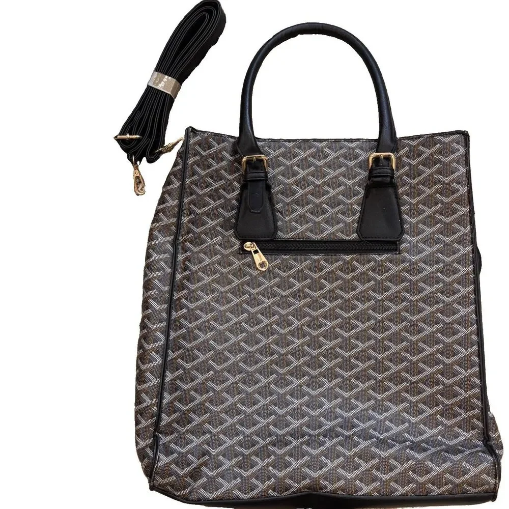 Monogram Zip Top Tote Bag Brown Black Crossbody Satchel Large Faux Leather